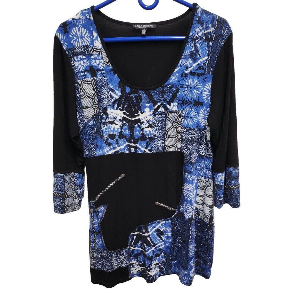 Linea‎ Domani Womens Wearable Art Tunic Top Large Black Blue Abstract 3/4 Sleeve
